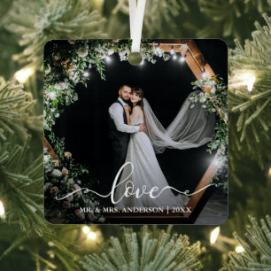 Elegant Calligraphy Script Couple Photo Love Metal Ornament