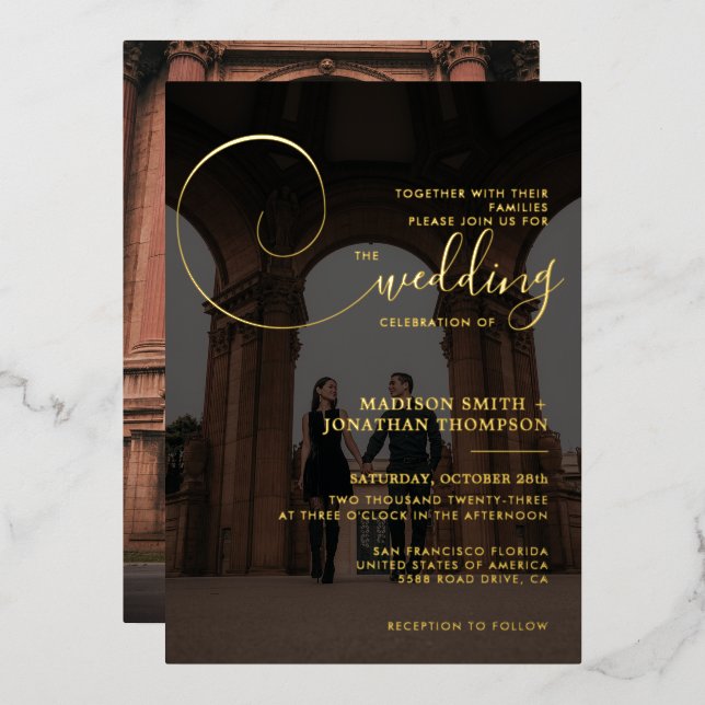Elegant Calligraphy Script Dark Gray Photo Wedding Foil Invitation (Front/Back)