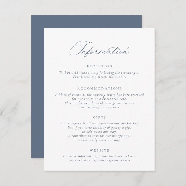 Elegant Calligraphy Script Dusty Blue Wedding Info Invitation (Front/Back)