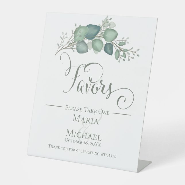 Elegant Calligraphy Script Eucalyptus Favors Pedestal Sign (Front)