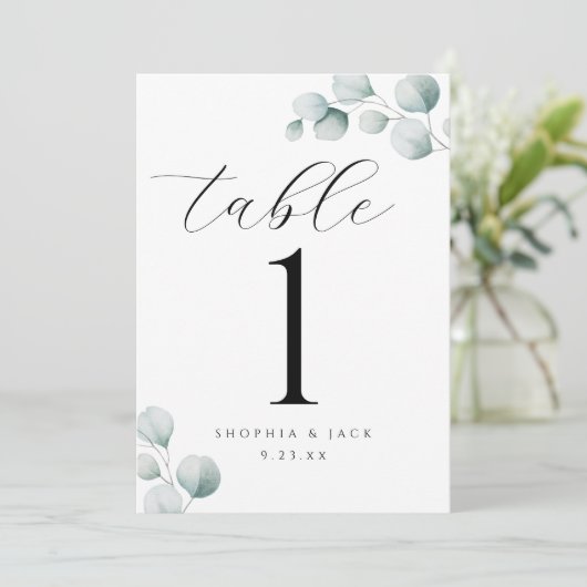 Elegant Calligraphy Script Eucalyptus table number (Standing Front)