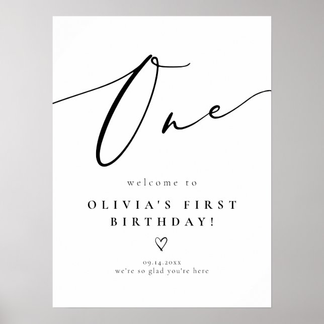 Elegant Calligraphy Script First Birthday Welcome Poster (Front)