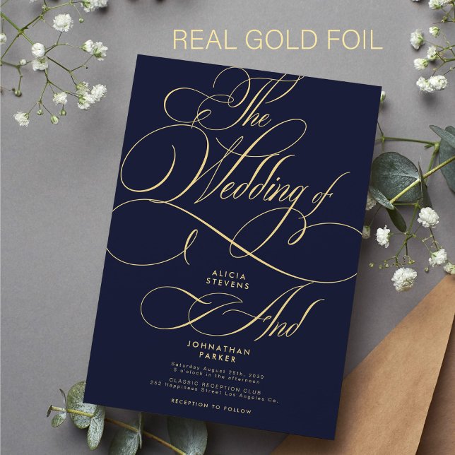 Elegant calligraphy script gold navy wedding foil foil invitation (Creator Uploaded)
