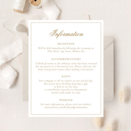 Elegant Calligraphy Script Gold Wedding Details Invitation