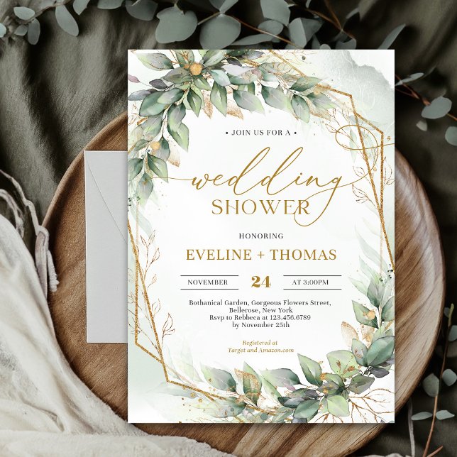 Elegant calligraphy script greenery Wedding Shower Invitation (Elegant greenery foliage faux gold geometric wedding shower invitation template)
