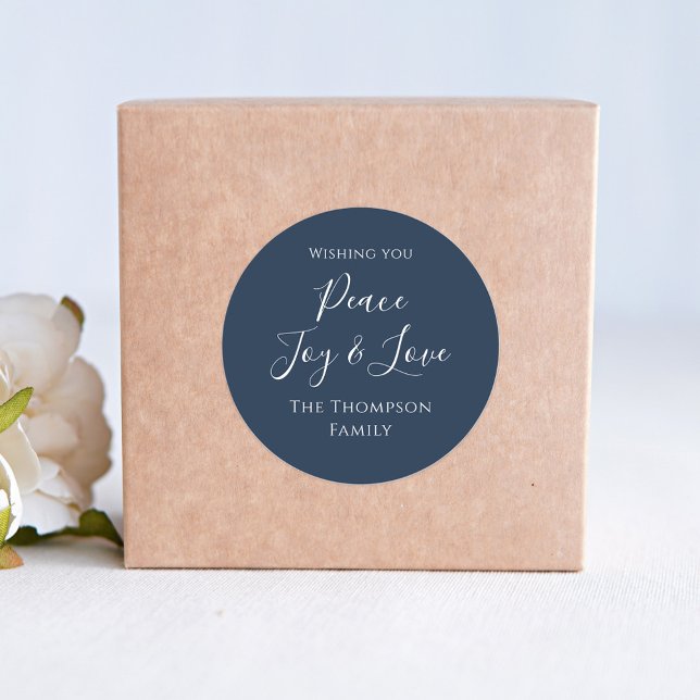 Elegant Calligraphy Script Holiday Custom Classic Round Sticker (Simple Holiday Peace, Joy, and Love custom personalized gift label stickers.)