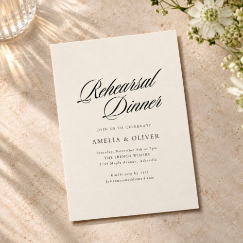 Elegant Calligraphy Script Ivory Rehearsal Dinner Invitation