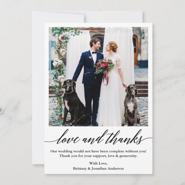 Elegant Calligraphy Script Love Thanks Wedding Thank You Card (Front)