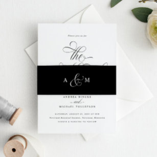 Elegant Calligraphy Script Luxury Wedding Black Invitation Belly Band
