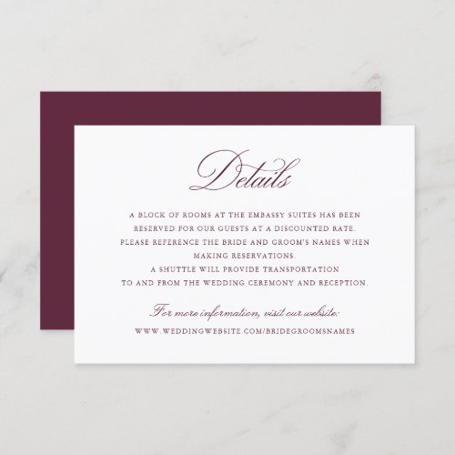 Elegant Calligraphy Script Merlot Wedding Details Invitation