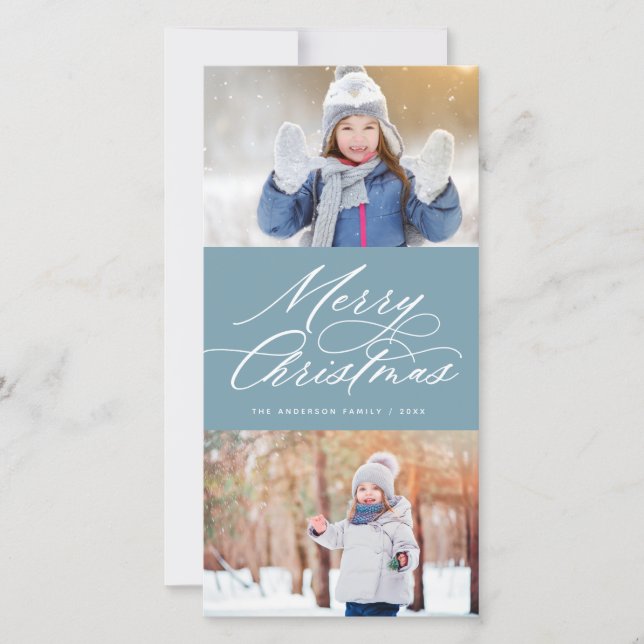 Elegant Calligraphy Script Merry Christmas 2 Photo Holiday Card (Front)
