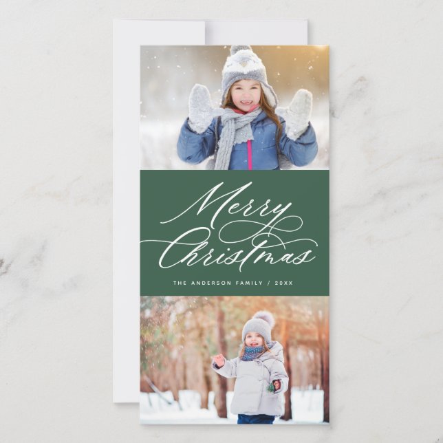Elegant Calligraphy Script Merry Christmas 2 Photo Holiday Card (Front)