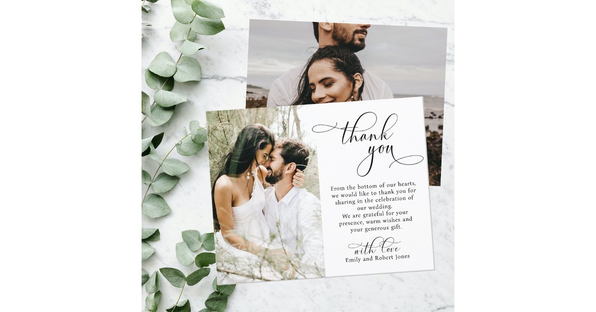Elegant Calligraphy Script Modern 2 Photo Wedding Thank You Card | Zazzle