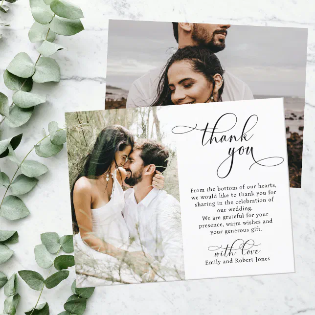 Elegant Calligraphy Script Modern 2 Photo Wedding Thank You Card | Zazzle