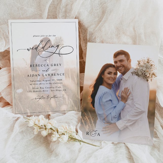 Elegant Calligraphy Script Monogram Photo Wedding Invitation (Creator Uploaded)