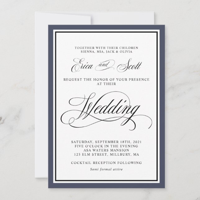 Elegant Calligraphy Script Navy Blue Wedding Invit Invitation (Front)