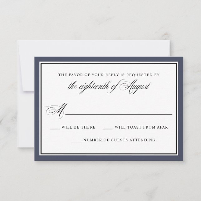Elegant Calligraphy Script Navy Blue Wedding RSVP Card (Front)