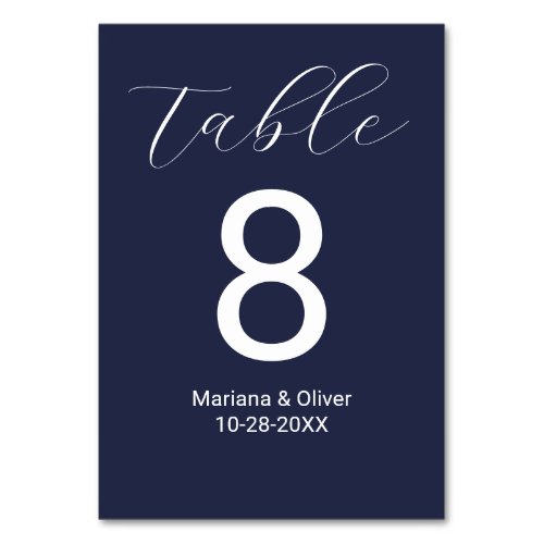 Elegant Calligraphy Script Navy Blue Wedding Table Number