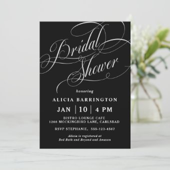 Elegant Calligraphy Script on Black Bridal Shower Invitation | Zazzle