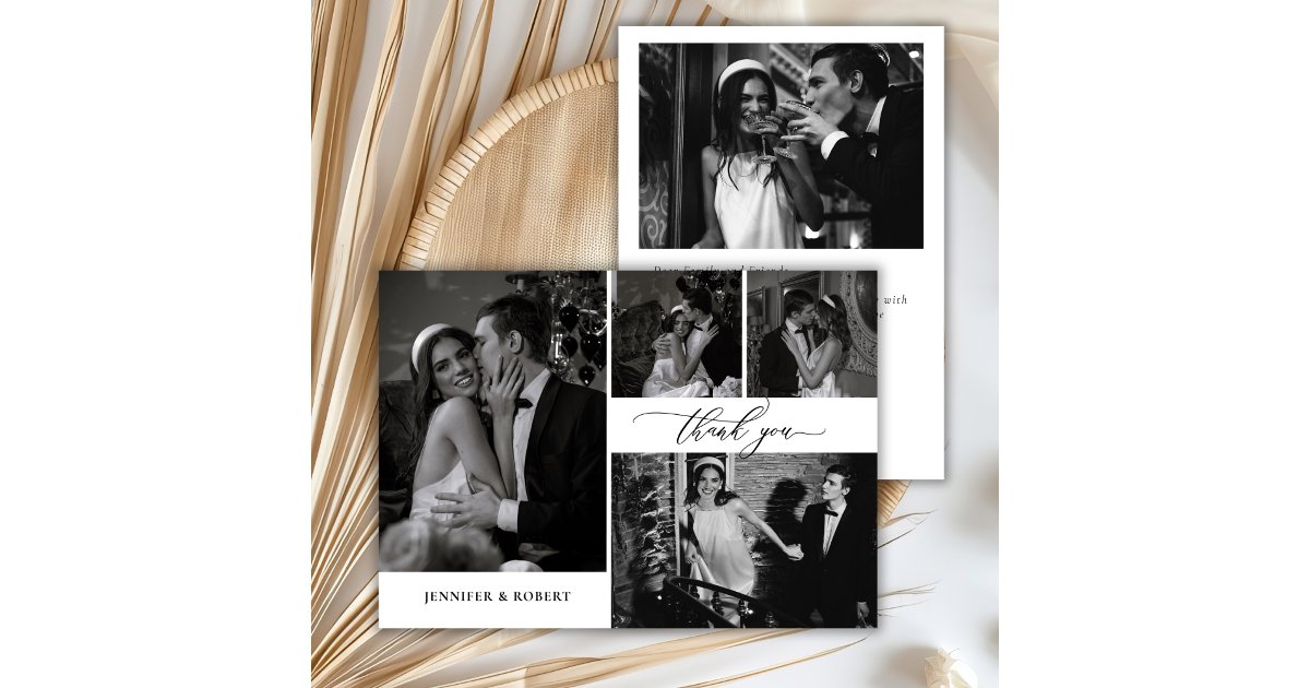 Elegant Calligraphy Script Photo Collage Wedding Thank You Card | Zazzle