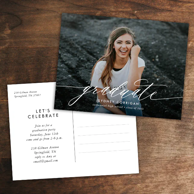 Elegant Calligraphy Script Photo Graduation Invitation Postcard Zazzle