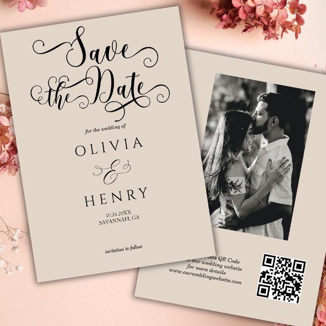 Elegant Calligraphy Script Photo QR Code  Save The Date (Creator Uploaded)
