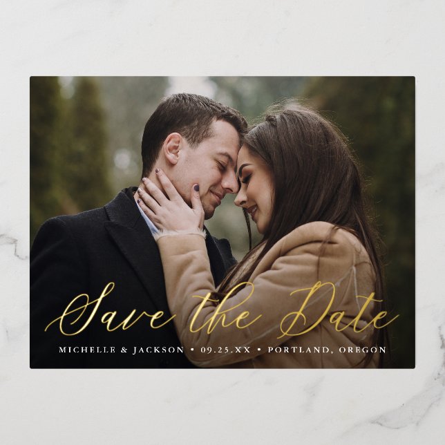 Elegant Calligraphy Script Photo Save the Date Foil Invitation Postcard (Front)