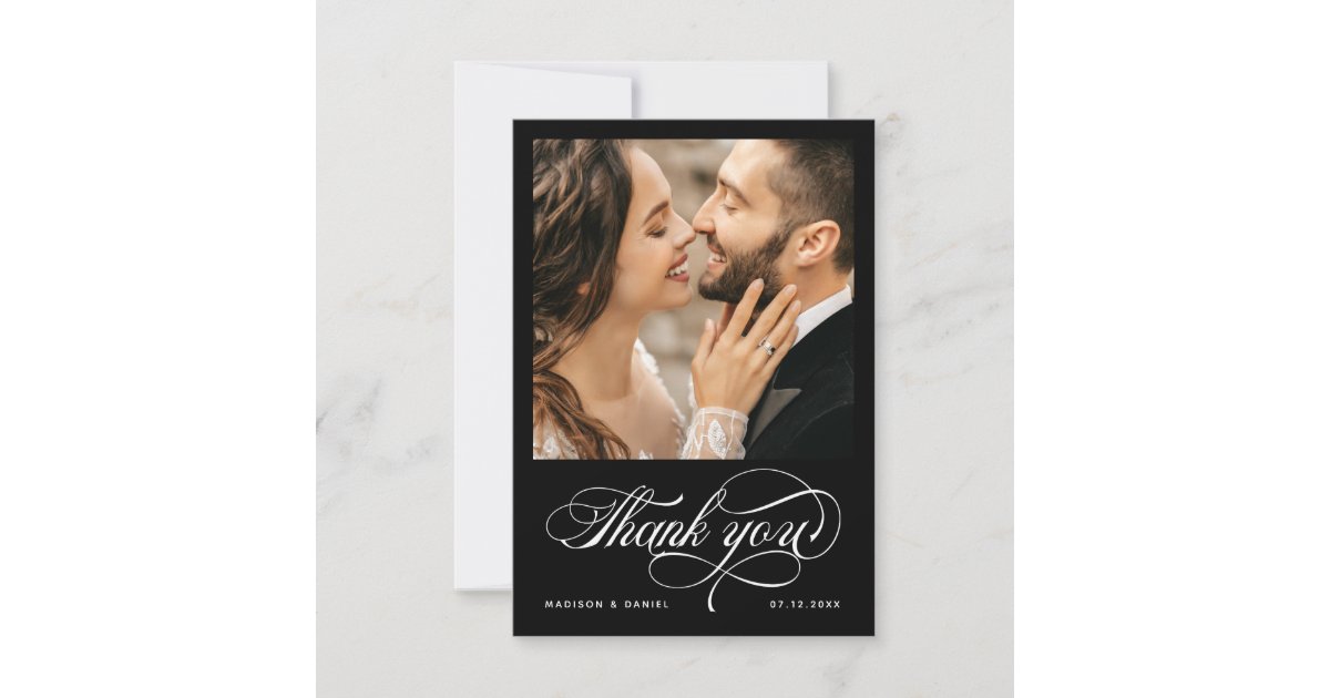 Elegant Calligraphy Script Photo Wedding Black Thank You Card | Zazzle