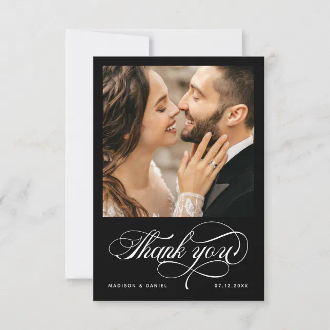 Elegant Calligraphy Script Photo Wedding Black Thank You Card | Zazzle