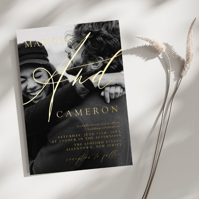 Elegant Calligraphy Script Photo Wedding Gold Foil Invitation (Creator Uploaded)