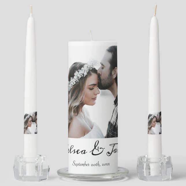 Elegant Calligraphy Script Photo Wedding  Unity Candle Set (Front)