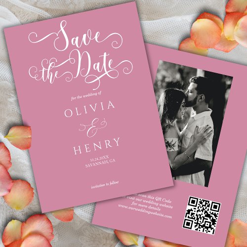 Elegant Calligraphy Script Pink Photo QR Code  Save The Date