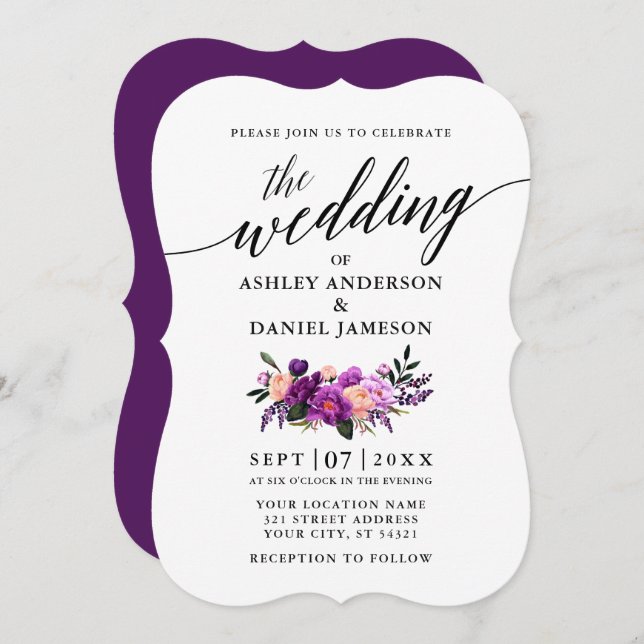 Elegant Calligraphy Script Purple Floral Wedding Invitation (Front/Back)