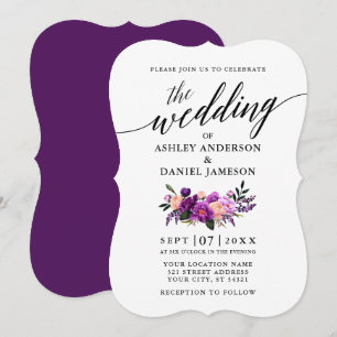 Elegant Calligraphy Script Purple Floral Wedding Invitation