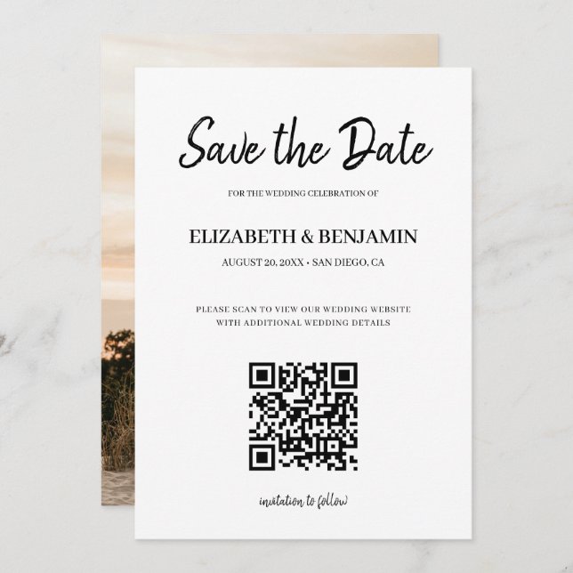 Elegant Calligraphy Script QR Code Photo Save The  Save The Date (Front/Back)