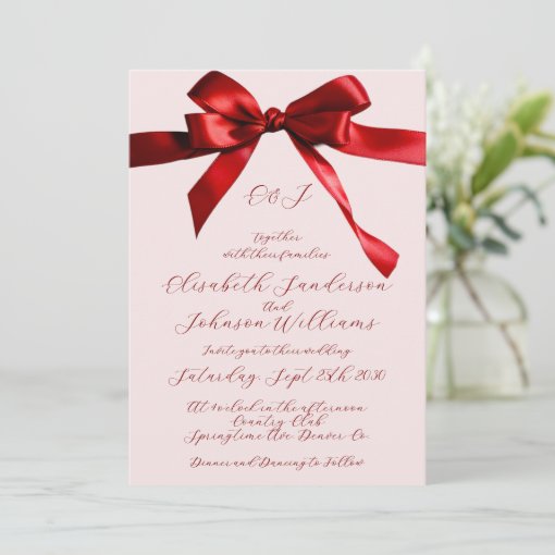 Elegant calligraphy script red bow pink wedding | Zazzle
