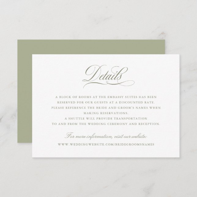 Elegant Calligraphy Script Sage Green Details Invitation (Front/Back)