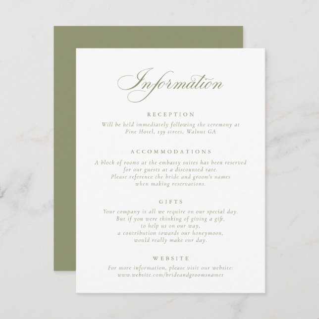 Elegant Calligraphy Script Sage Green Wedding Info Invitation (Front/Back)