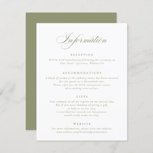 Elegant Calligraphy Script Sage Green Wedding Info Invitation