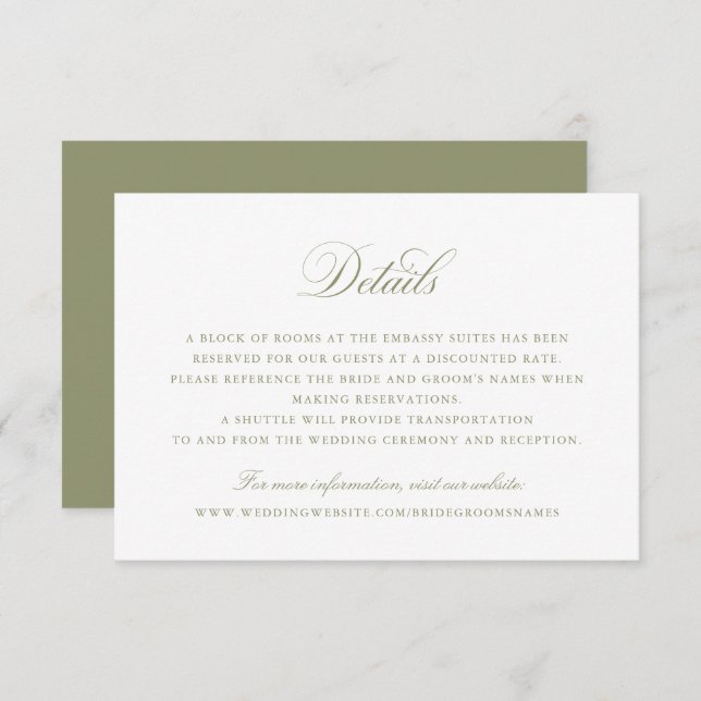 Elegant Calligraphy Script Sage Wedding Details Invitation (Front/Back)
