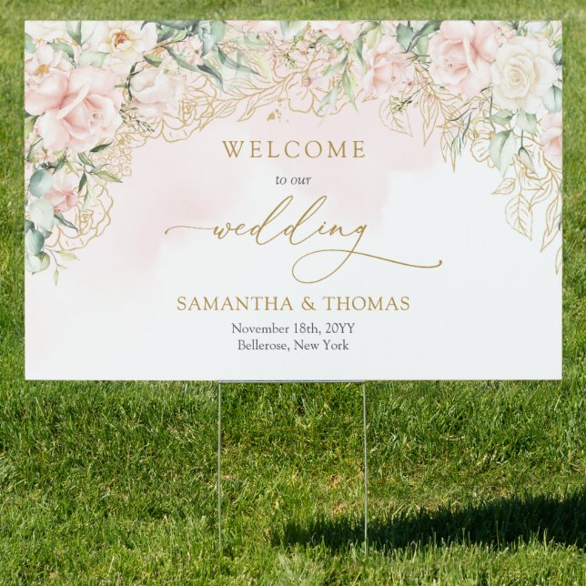 Elegant calligraphy script soft pink roses wedding sign (Insitu)