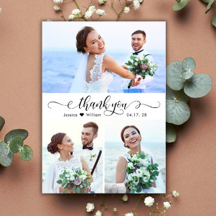 Elegant Calligraphy Script Wedding 3 Photo Collage Thank You Card