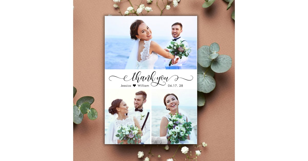 Elegant Calligraphy Script Wedding 3 Photo Collage Thank You Card | Zazzle