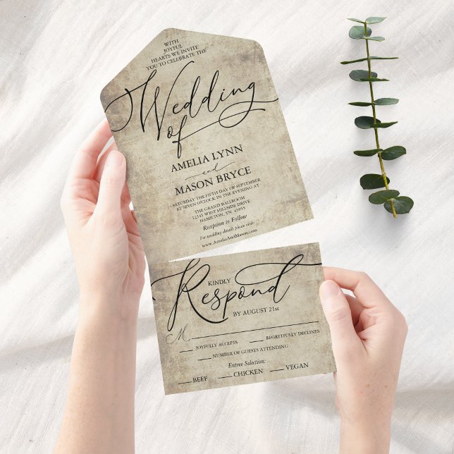 Elegant Calligraphy Script Wedding All In One Invitation (Elegant Vintage Calligraphy Script All in One Wedding Invitation)
