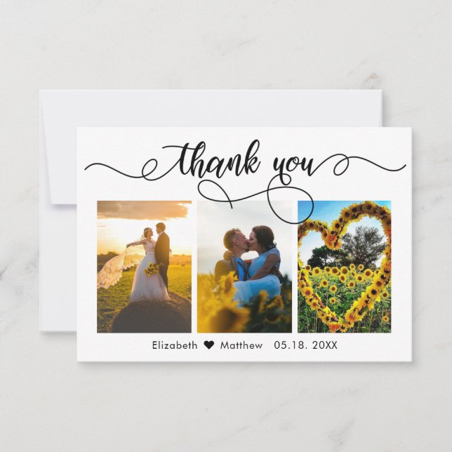 Elegant Calligraphy Script Wedding Photo Collage Thank You Card (Front)