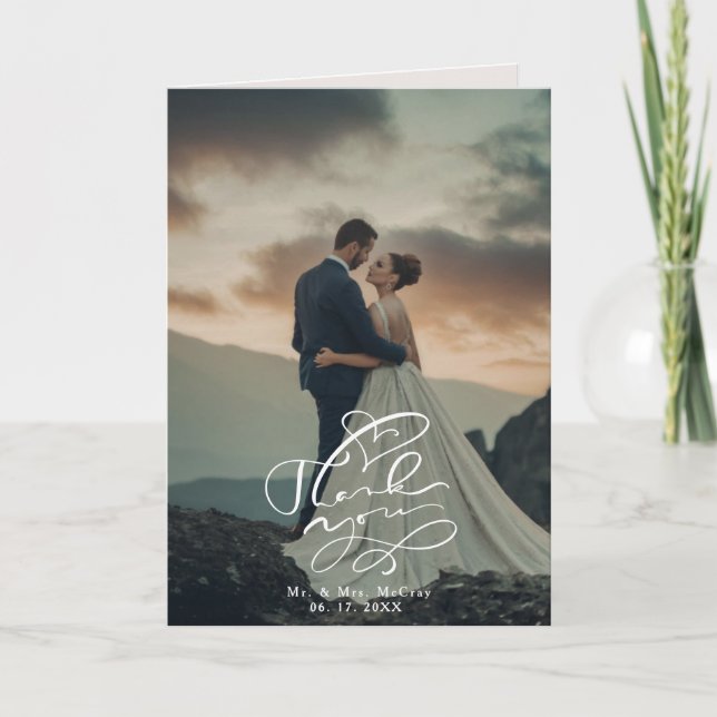 Elegant Calligraphy Script Wedding Photo Thank You Card (Front)