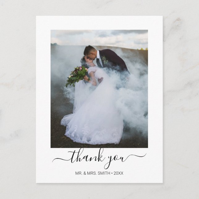 Elegant Calligraphy Script Wedding Photo Thank You Postcard (Front)