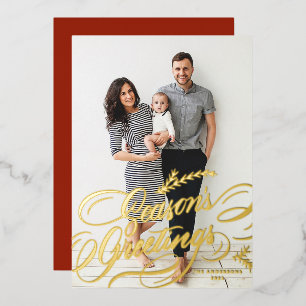 Elegant Calligraphy Season's Greetings Photo Foil Holiday Card