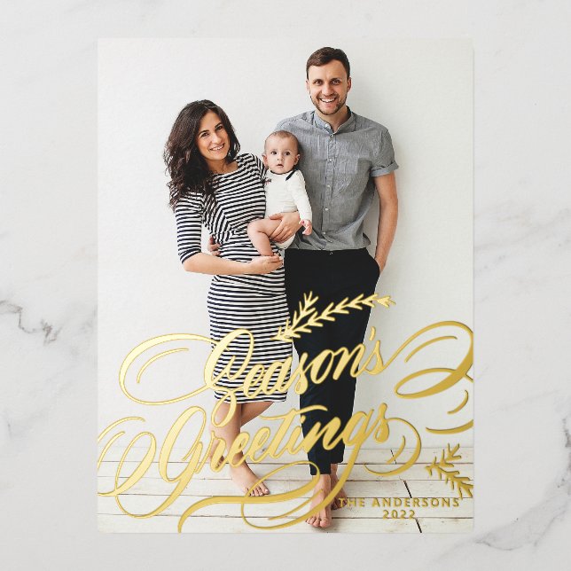 Elegant Calligraphy Season's Greetings Photo Foil Holiday Postcard (Front)