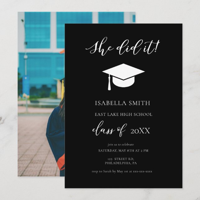 Elegant Calligraphy She Did It Graduation Party Invitation (Front/Back)